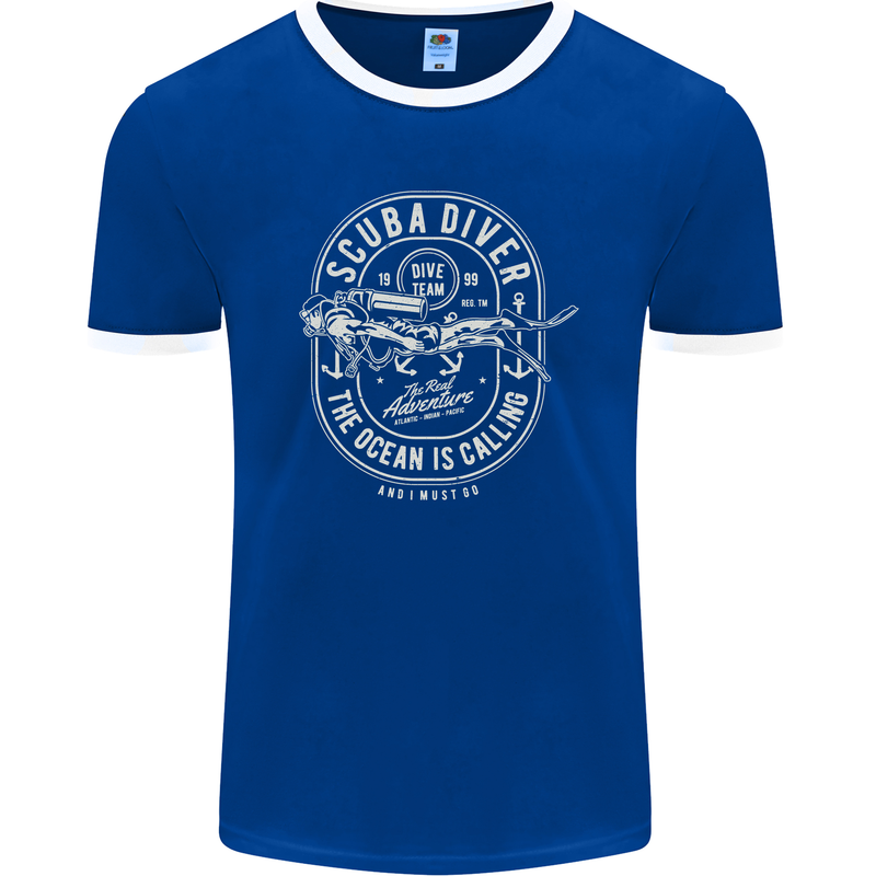 Scuba Diver the Ocean Is Calling Diving Mens Ringer T-Shirt FotL Royal Blue/White