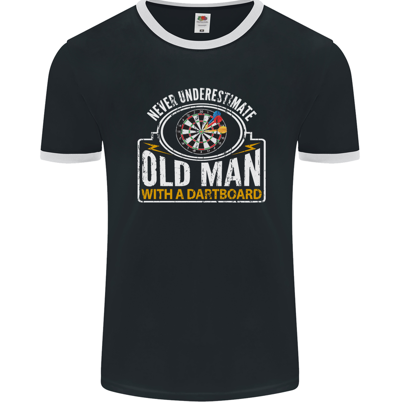 An Old Man With a Dart Board Funny Player Mens Ringer T-Shirt FotL Black/White