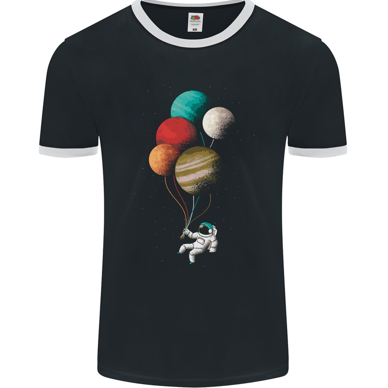 An Astronaut With Planets as Balloons Space Mens Ringer T-Shirt FotL Black/White