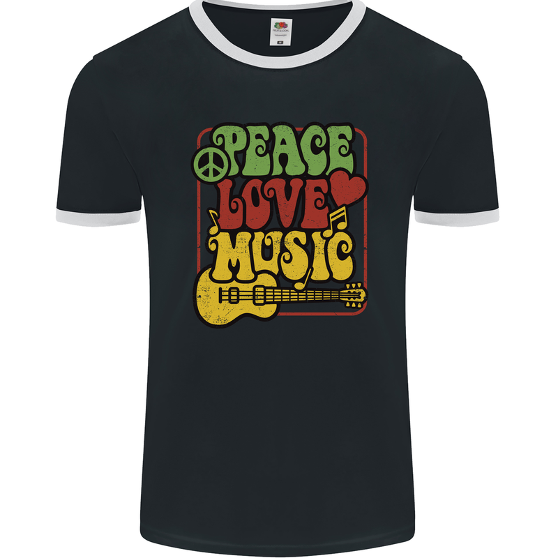 Peace Love Music Guitar Hippy Flower Power Mens Ringer T-Shirt FotL Black/White