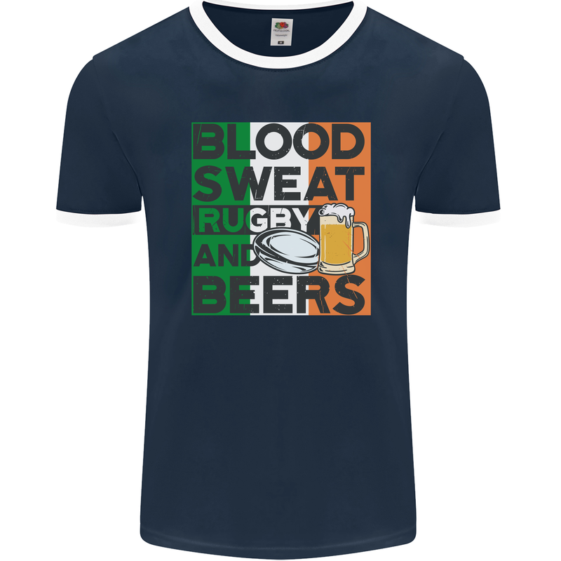 Blood Sweat Rugby and Beers Ireland Funny Mens Ringer T-Shirt FotL Navy Blue/White