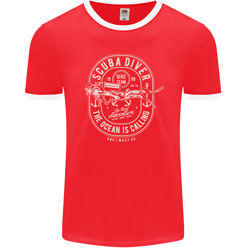 Scuba Diver the Ocean Is Calling Diving Mens Ringer T-Shirt FotL Red/White