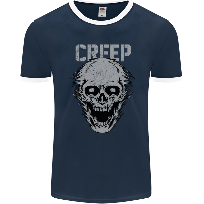 Creep Human Skull Gothic Rock Music Metal Mens Ringer T-Shirt FotL Navy Blue/White