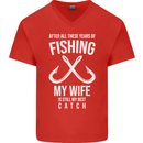 Wife Best Catch Funny Fishing Fisherman Mens V-Neck Cotton T-Shirt Red