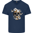 Wildlife Spring Skull Mens V-Neck Cotton T-Shirt Navy Blue