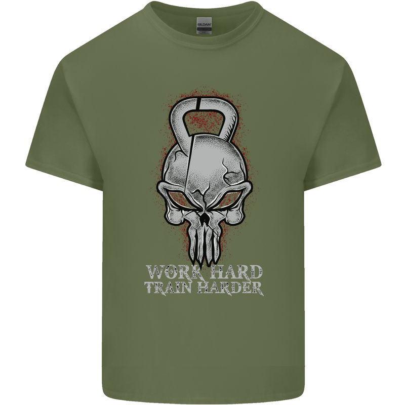 Work Hard Train Harder Training Top Workout Mens Cotton T-Shirt Tee Top Military Green