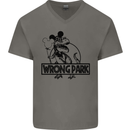 Wrong Park Funny T-Rex Dinosaur Jurrasic Mens V-Neck Cotton T-Shirt Charcoal