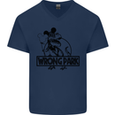 Wrong Park Funny T-Rex Dinosaur Jurrasic Mens V-Neck Cotton T-Shirt Navy Blue