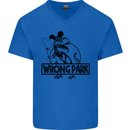 Wrong Park Funny T-Rex Dinosaur Jurrasic Mens V-Neck Cotton T-Shirt Royal Blue