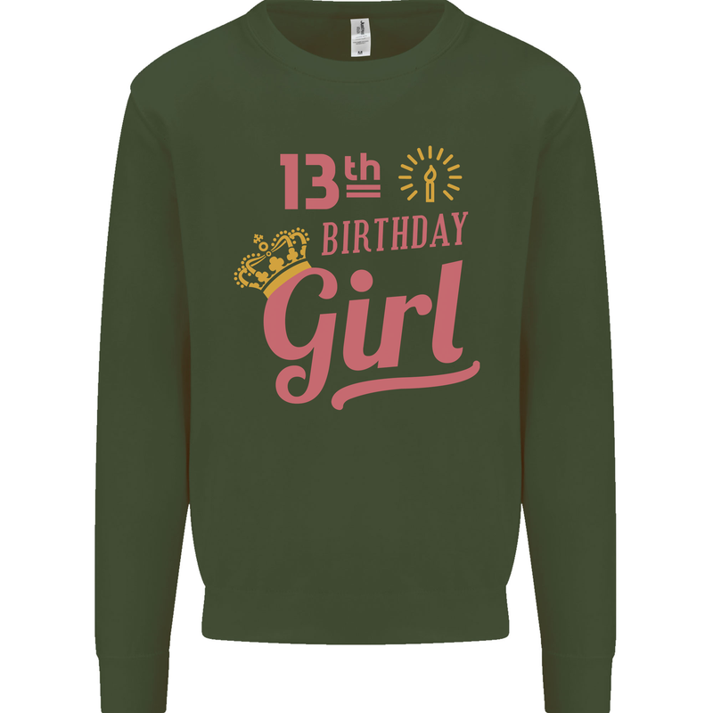 13th Birthday Girl 13 Year Old Princess Kids Sweatshirt Jumper Forest Green