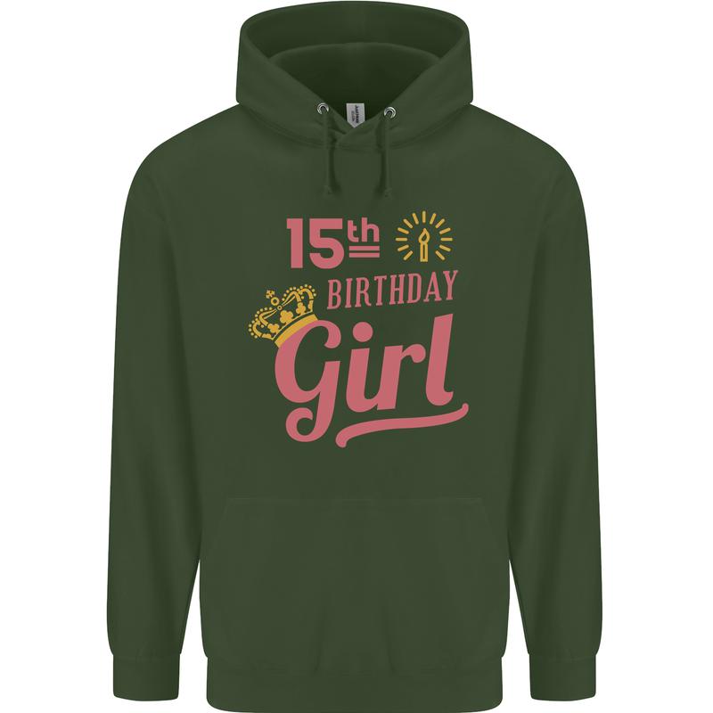 15th Birthday Girl 15 Year Old Princess Childrens Kids Hoodie Forest Green