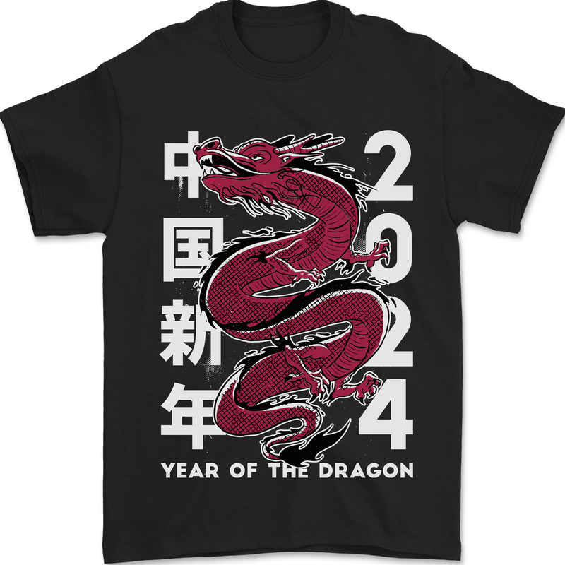 2024 Zodiac Chinese New Year of the Dragon Mens T-Shirt 100% Cotton Black
