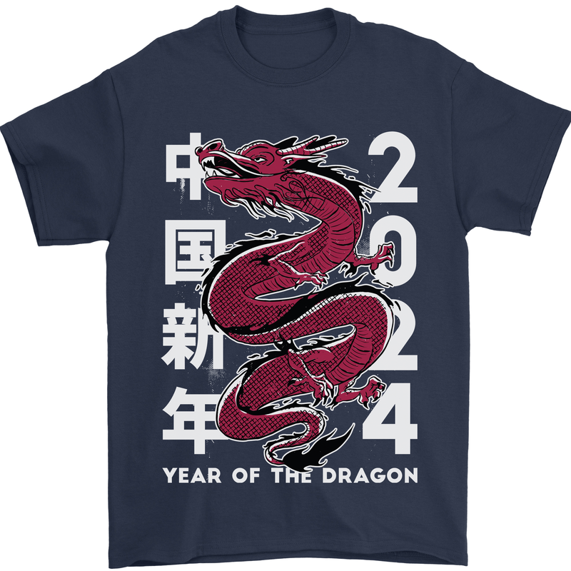 2024 Zodiac Chinese New Year of the Dragon Mens T-Shirt 100% Cotton Navy Blue