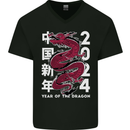 2024 Zodiac Chinese New Year of the Dragon Mens V-Neck Cotton T-Shirt Black