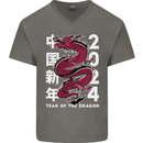 2024 Zodiac Chinese New Year of the Dragon Mens V-Neck Cotton T-Shirt Charcoal