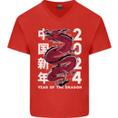 2024 Zodiac Chinese New Year of the Dragon Mens V-Neck Cotton T-Shirt Red