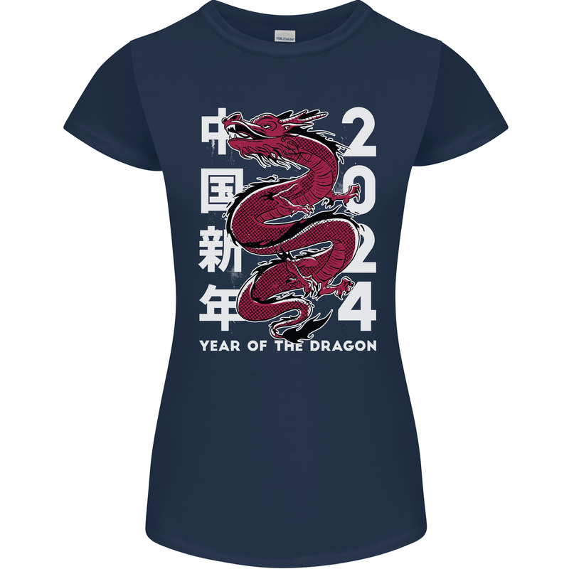 2024 Zodiac Chinese New Year of the Dragon Womens Petite Cut T-Shirt Navy Blue