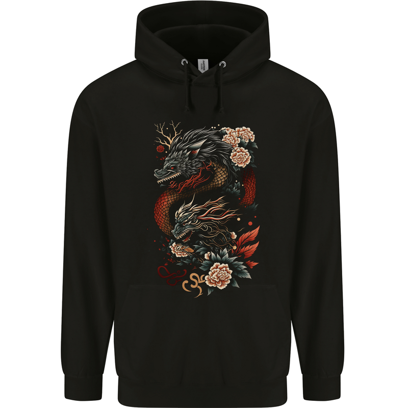 2 Chinese Dragons Fantasy Childrens Kids Hoodie Black