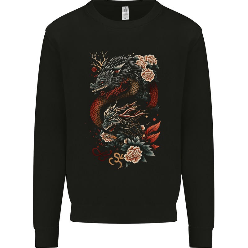 2 Chinese Dragons Fantasy Mens Sweatshirt Jumper Black