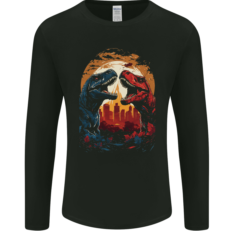 2 Dinosaurs With a Moon Backdrop T-Rex Lizard Mens Long Sleeve T-Shirt Black