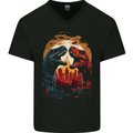 2 Dinosaurs With a Moon Backdrop T-Rex Lizard Mens V-Neck Cotton T-Shirt Black