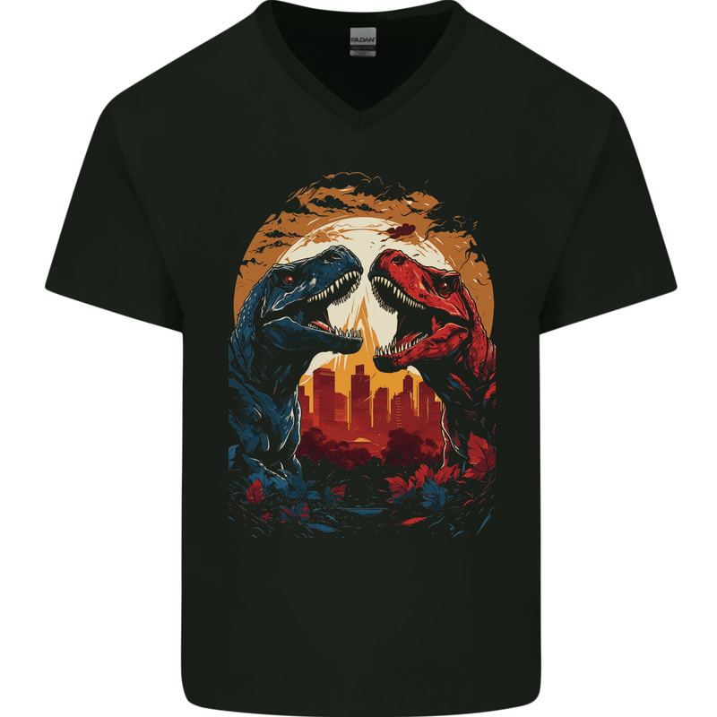 2 Dinosaurs With a Moon Backdrop T-Rex Lizard Mens V-Neck Cotton T-Shirt Black