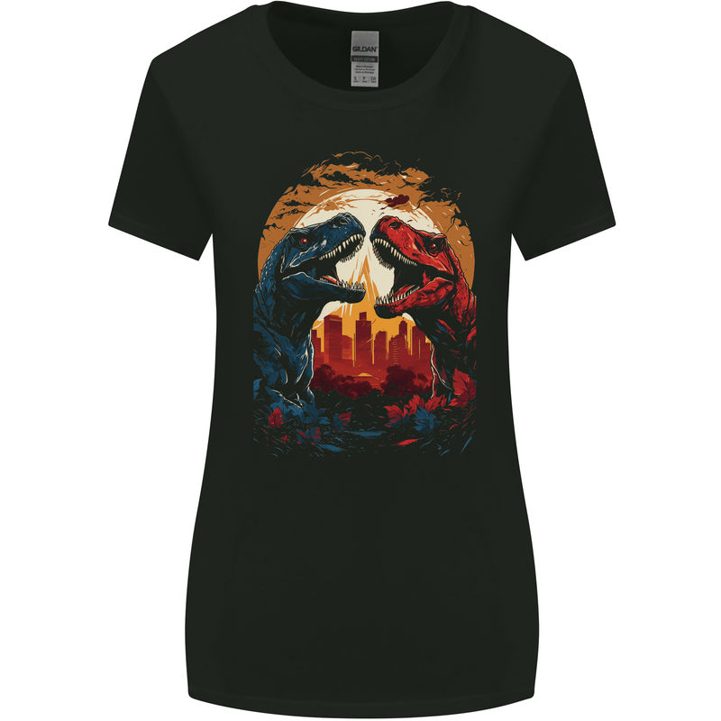 2 Dinosaurs With a Moon Backdrop T-Rex Lizard Womens Wider Cut T-Shirt Black