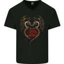 2 Fantasy Dragons in a Heart Shape Gothic Goth Mens V-Neck Cotton T-Shirt Black