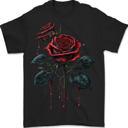 2 Roses Dripping With Blood Gothic Goth Mens T-Shirt 100% Cotton BLACK