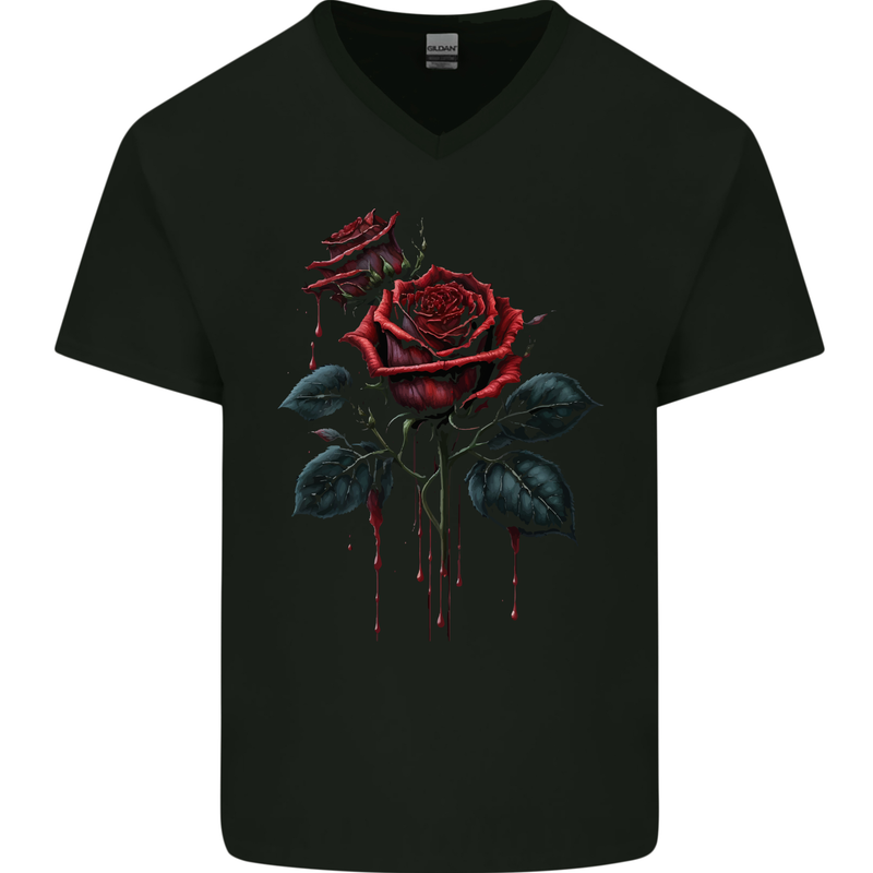 2 Roses Dripping With Blood Gothic Goth Mens V-Neck Cotton T-Shirt Black