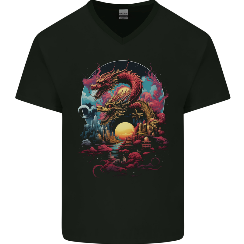 2 Sunset Fantasy Dragons Mens V-Neck Cotton T-Shirt Black