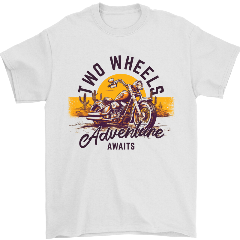 2 Wheels Adventure Biker Motorcycle Chopper Mens T-Shirt 100% Cotton White