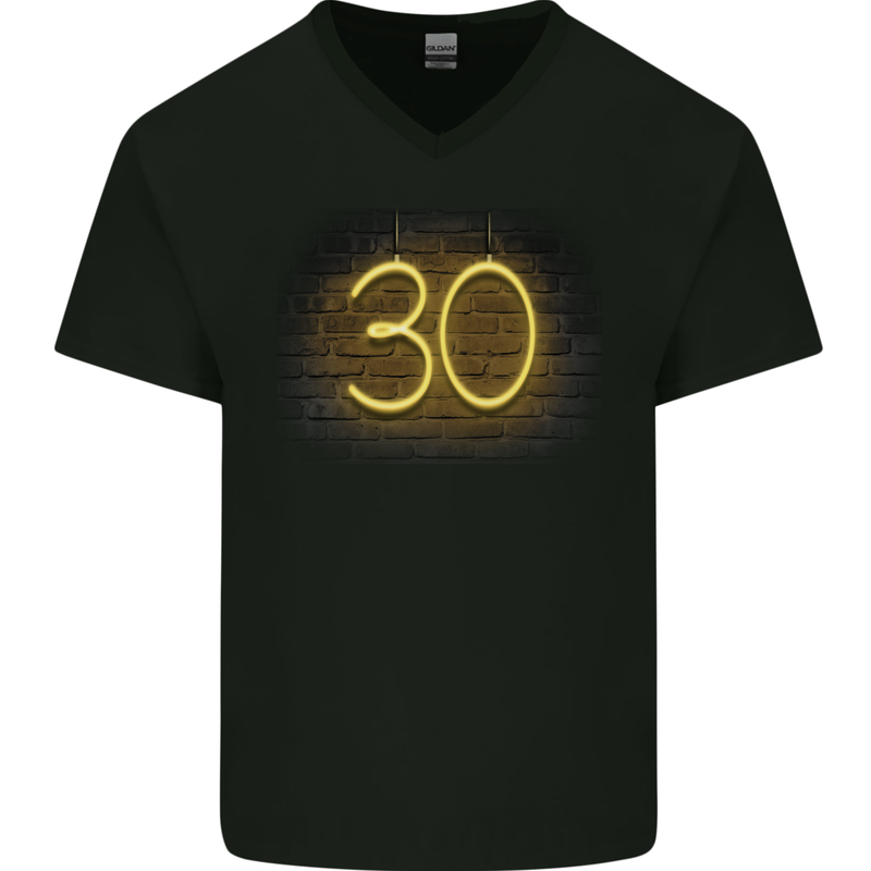 30th Birthday Neon Lights 30 Year Old Mens V-Neck Cotton T-Shirt Black