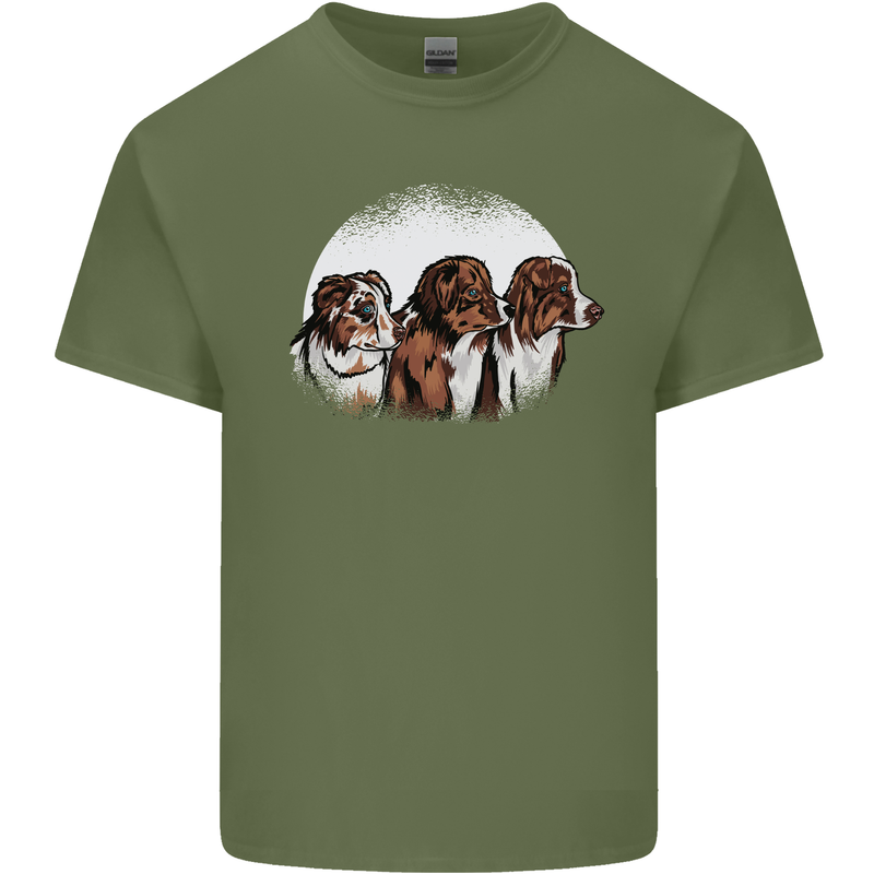 3 Australian Shepherds Dogs Sheepdogs Mens Cotton T-Shirt Tee Top Military Green
