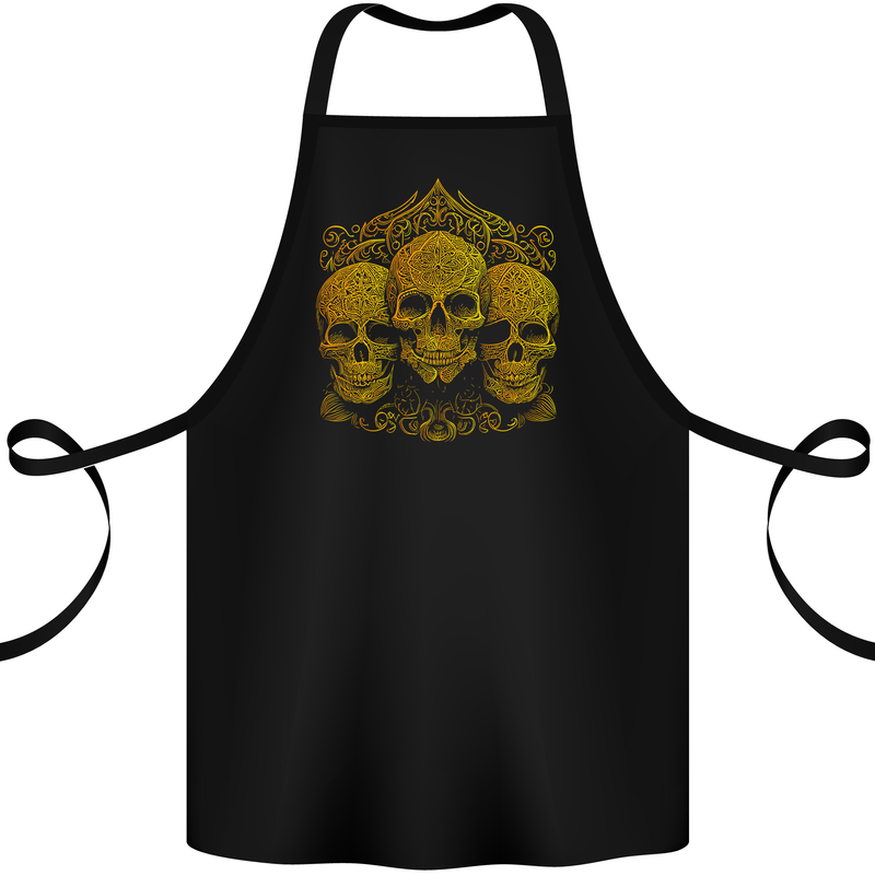 3 Ornate Gold Skulls Gothic Goth Cotton Apron 100% Organic Black