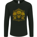 3 Ornate Gold Skulls Gothic Goth Mens Long Sleeve T-Shirt Black