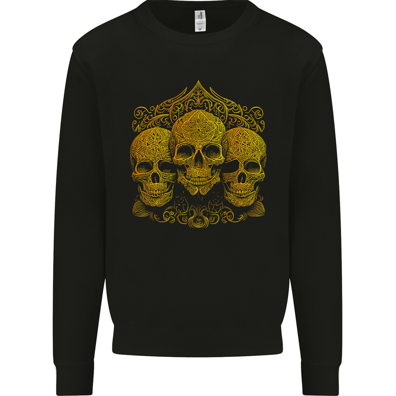 3 Ornate Gold Skulls Gothic Goth Mens Sweatshirt Jumper Black