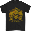 3 Ornate Gold Skulls Gothic Goth Mens T-Shirt 100% Cotton Black