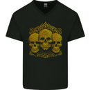 3 Ornate Gold Skulls Gothic Goth Mens V-Neck Cotton T-Shirt Black