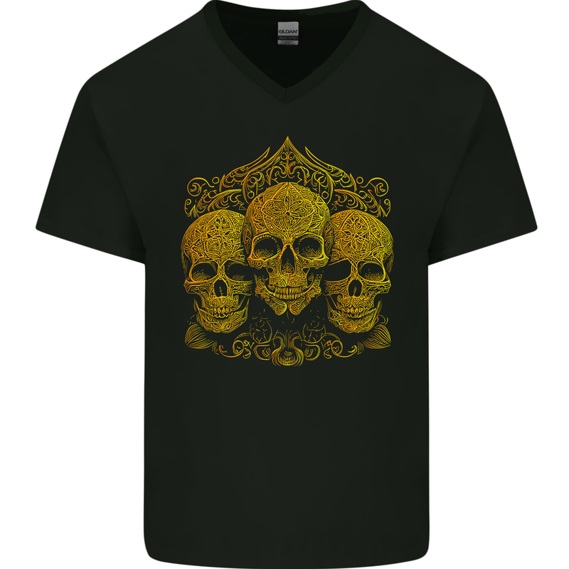 3 Ornate Gold Skulls Gothic Goth Mens V-Neck Cotton T-Shirt Black