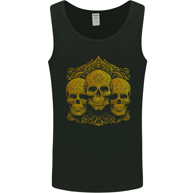 3 Ornate Gold Skulls Gothic Goth Mens Vest Tank Top Black