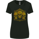3 Ornate Gold Skulls Gothic Goth Womens Wider Cut T-Shirt Black