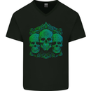 3 Ornate Green Skulls Gothic Goth Mens V-Neck Cotton T-Shirt Black
