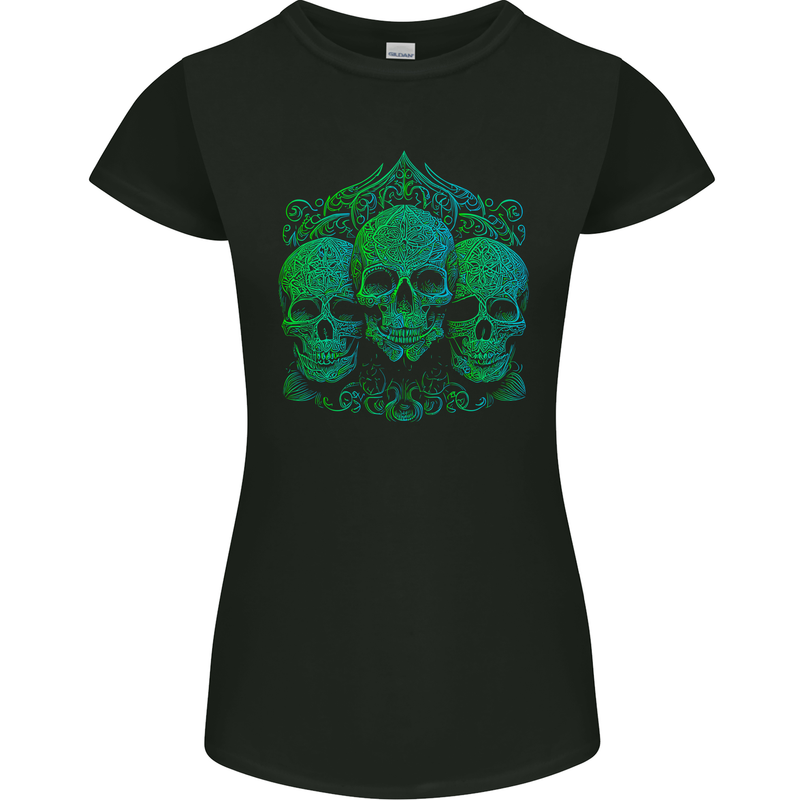 3 Ornate Green Skulls Gothic Goth Womens Petite Cut T-Shirt Black