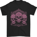 3 Ornate Pink Skulls Gothic Goth Mens T-Shirt 100% Cotton Black