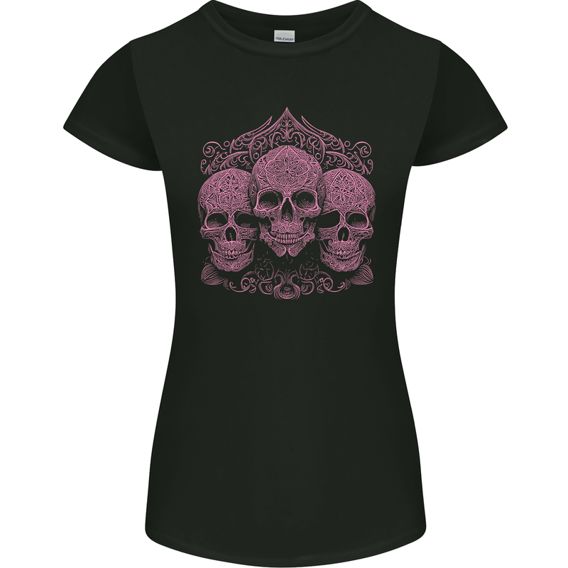 3 Ornate Pink Skulls Gothic Goth Womens Petite Cut T-Shirt Black