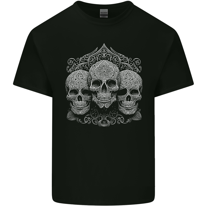 3 Ornate White Skulls Gothic Goth Mens Cotton T-Shirt Tee Top Black