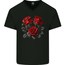 3 Red Roses Gothic Goth Mens V-Neck Cotton T-Shirt Black