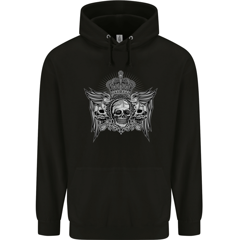 3 Skull Crown Childrens Kids Hoodie Black