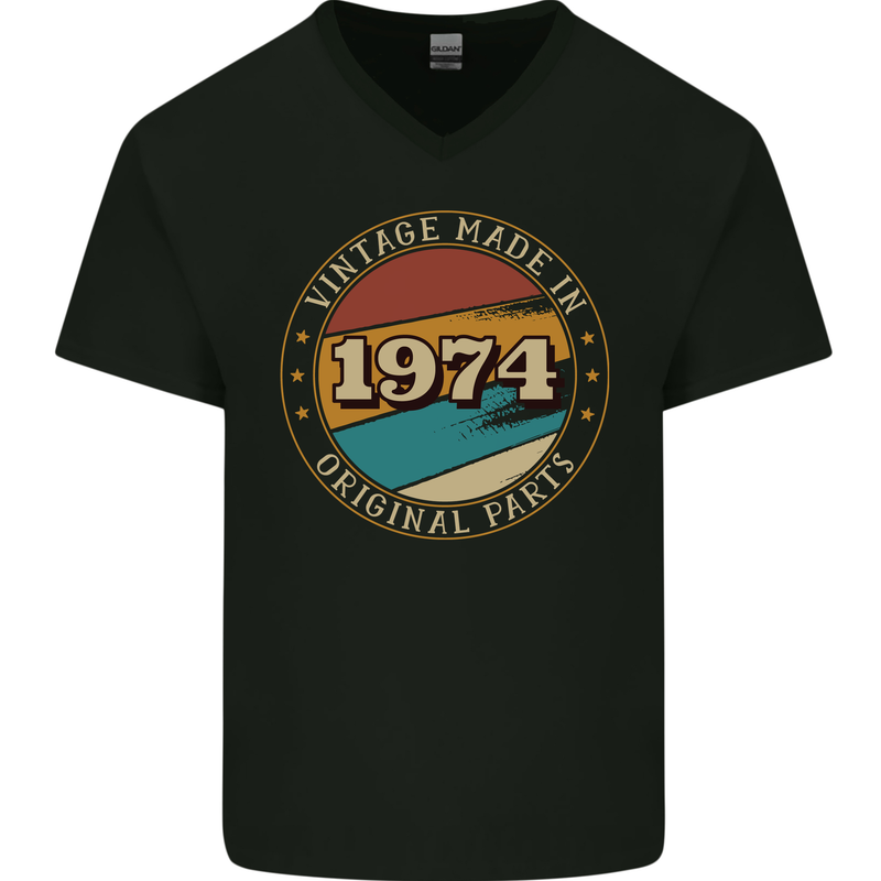 49th Birthday  Vintage Made In 1974 Mens V-Neck Cotton T-Shirt Black